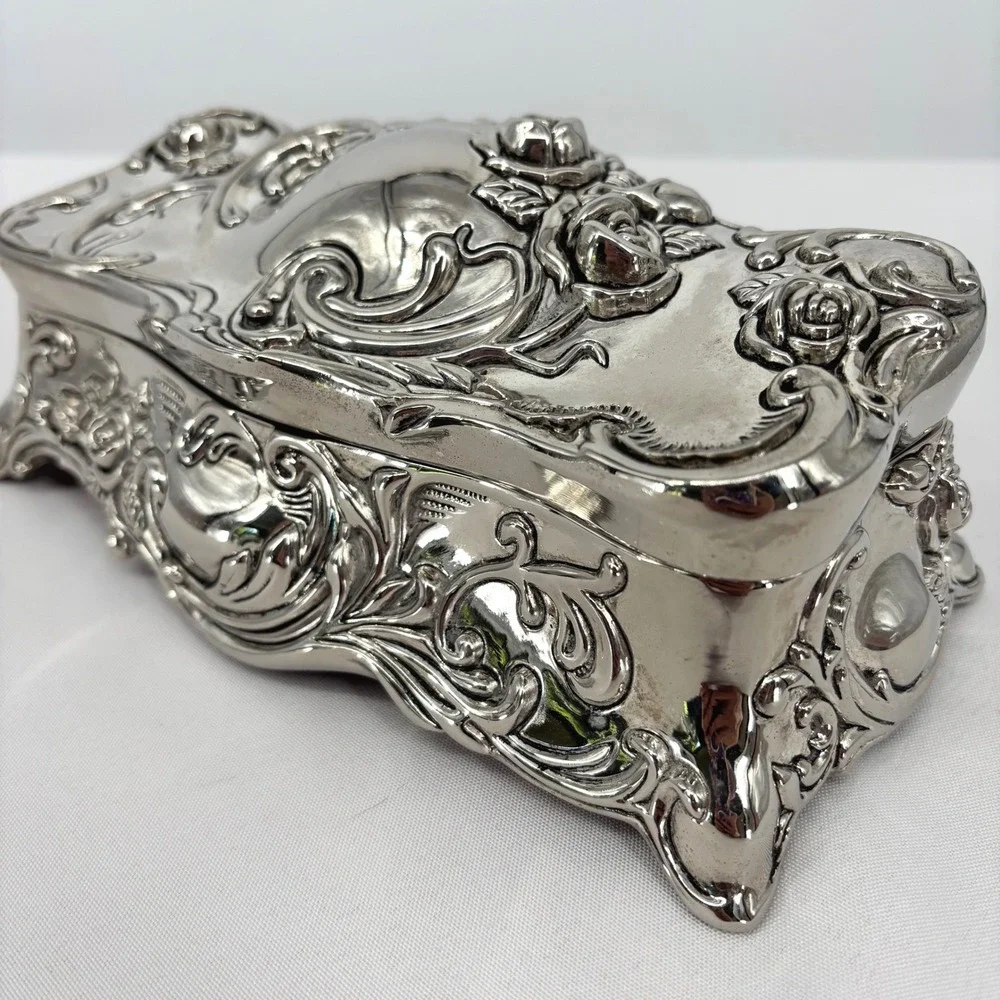 Godinger Silver Plated Floral Rose Jewelry Box Red Velvet Lining Footed Ornate